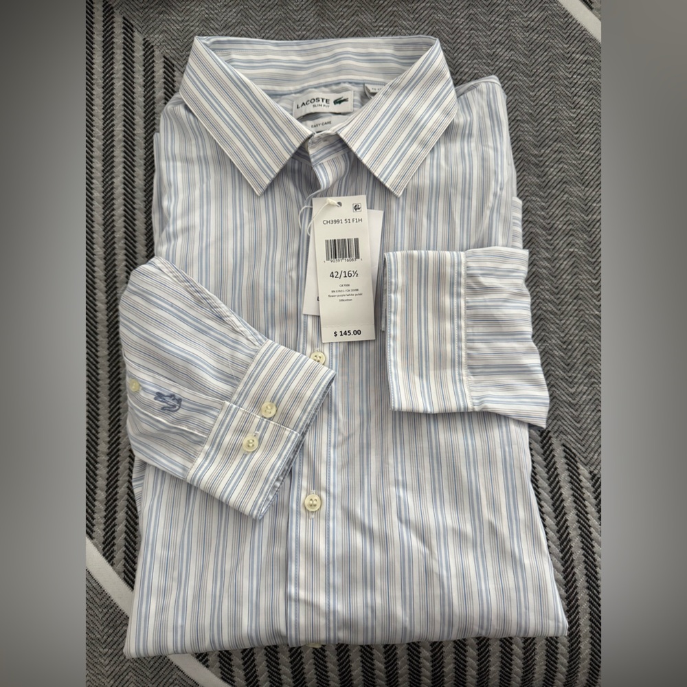 Lacoste Men's Light Blue Striped Dress Shirt